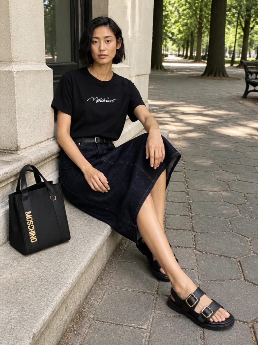 Moschino denim midi skirt black logo tee outfit