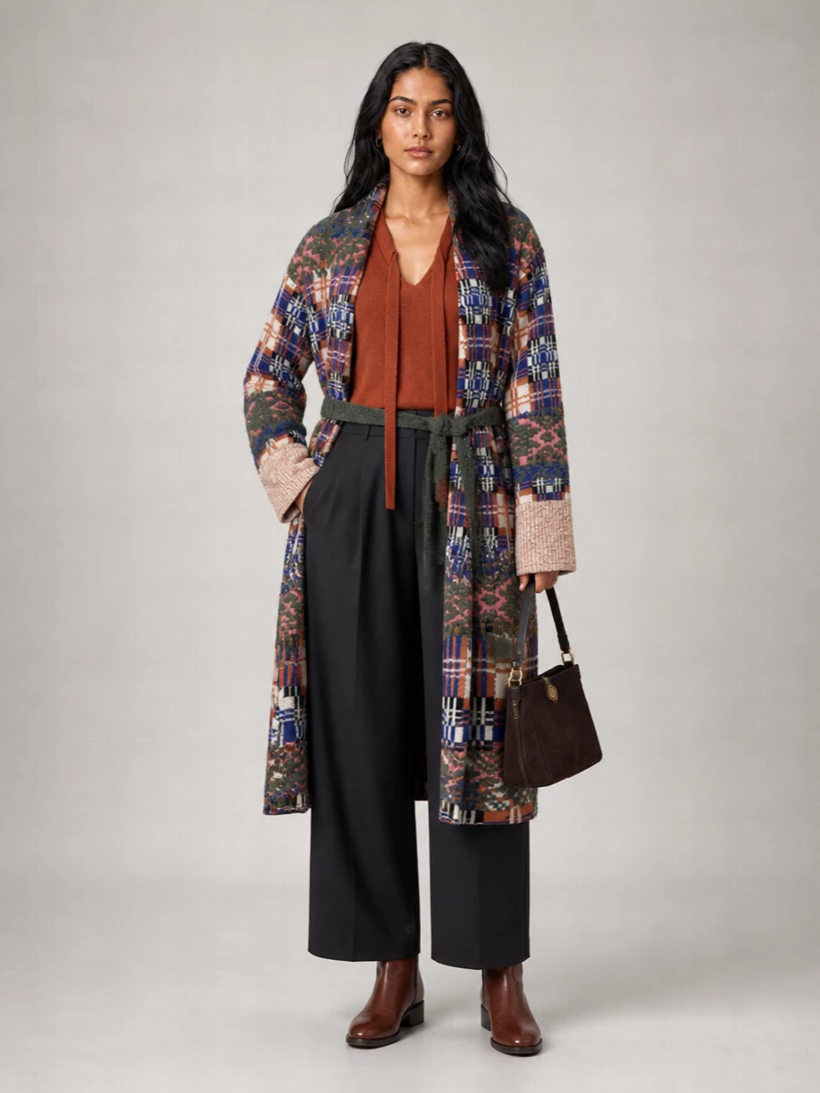 Dries Van Noten Wool Alpaca Jacquard Checked Belted Long Knit Coat