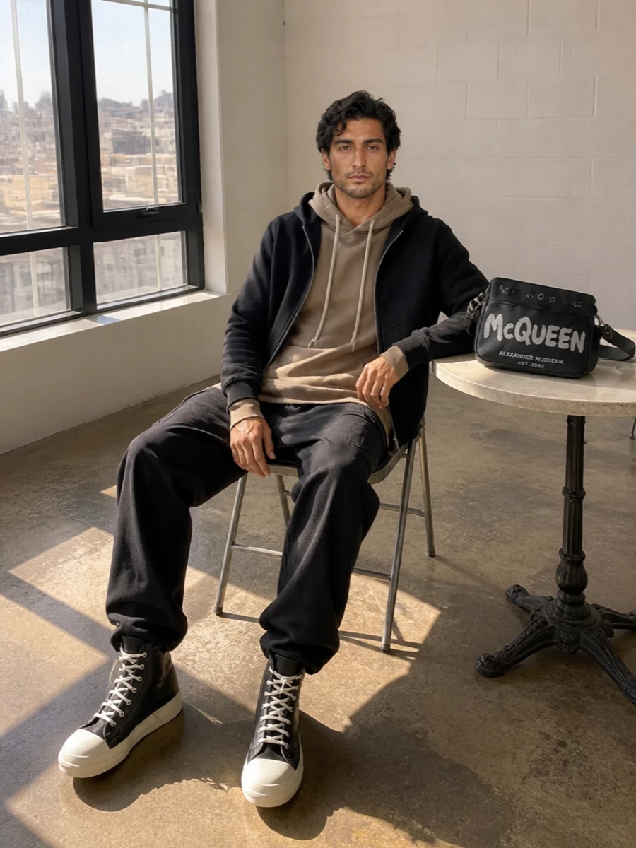 Rick owens drkshdw hoodie wide cargo pants outfit