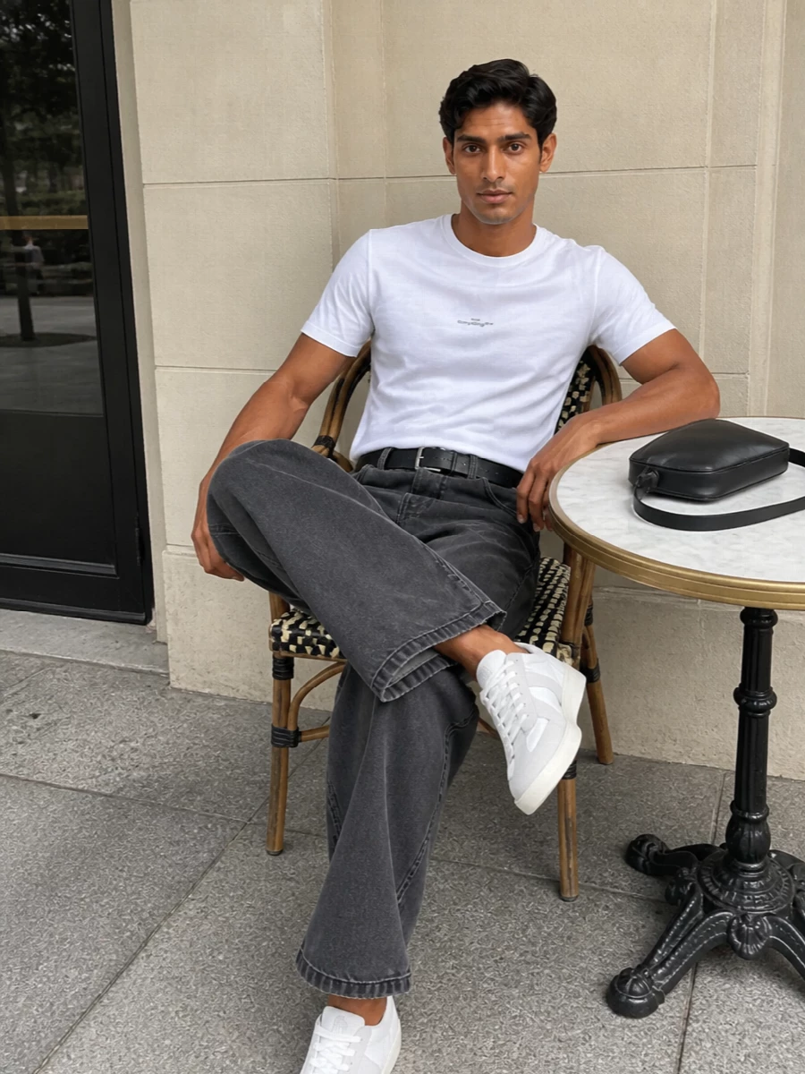 A crisp Margiela tee meets washed charcoal wide-leg denim for a monochrome take on streetwear that feels studied but relaxed. Low-profile white and grey sneakers keep the line clean, while a padded black crossbody and slim belt add just enough structure and texture. The result is a quiet, gallery-ready uniform that reads designer without needing overt branding.