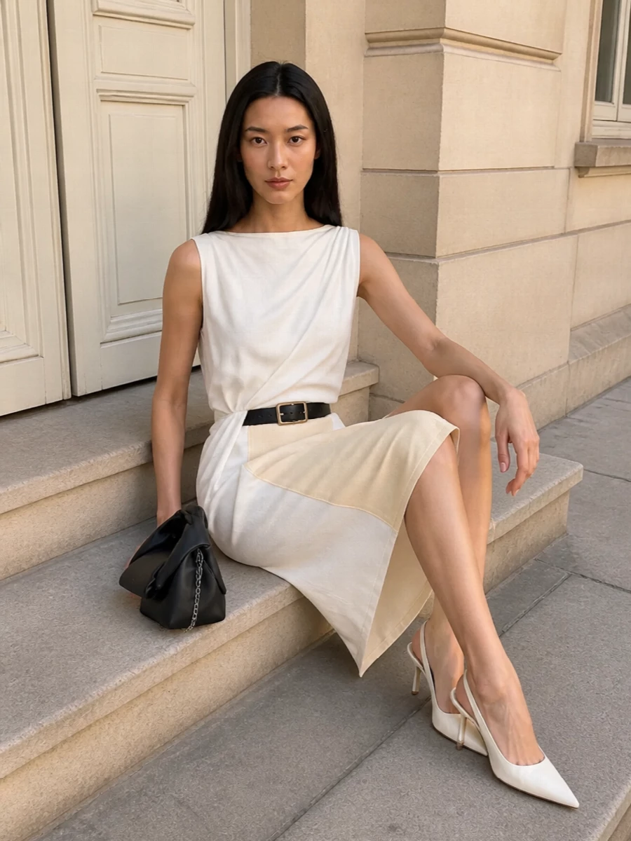 Tonal ivory and buttercream are treated like architecture here, the twisted Jacquemus top and asymmetric JW Anderson skirt reading as one clean, sculpted line. A pointed ivory slingback and compact black knotted bag sharpen the silhouette, while a fine black belt adds just enough definition at the waist. The result is modern cocktail polish that feels precise rather than fussy.