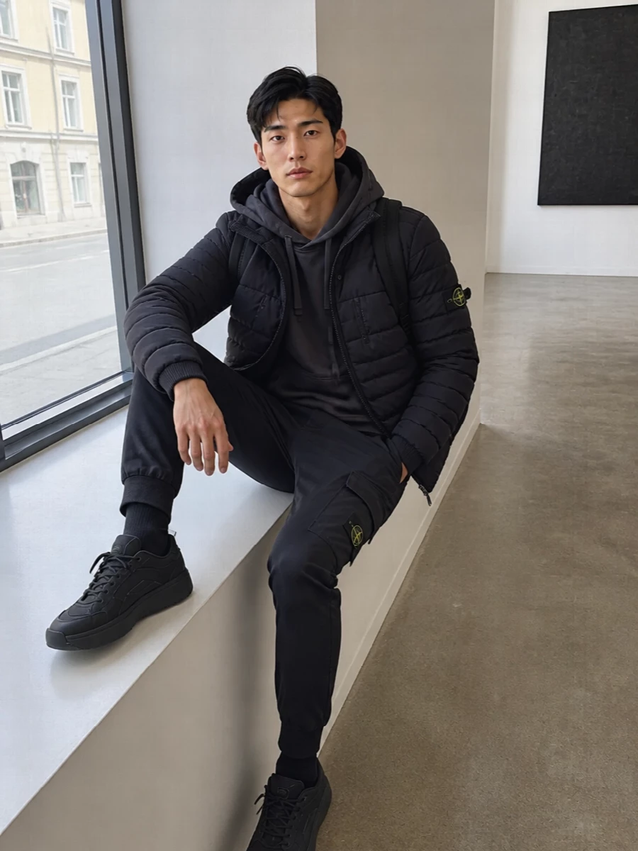 Stone island black padded jacket cargo joggers outfit