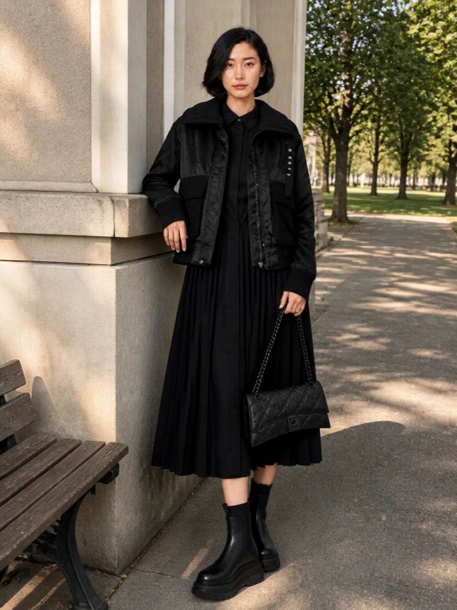 I’m anchoring this with the dress route so the bomber can stay the hero, sitting cropped over a clean black Sacai shirt dress for a long, sharp line. Chunky Sacai platforms ground all the volume, while the quilted Balenciaga shoulder bag brings just enough polish to move from studio days to late dinners without changing the core pieces.