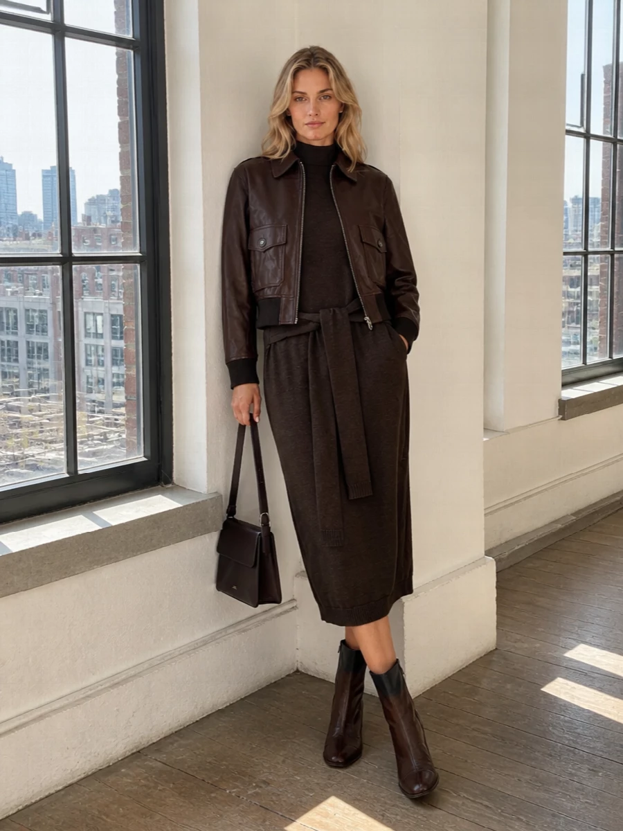 Apc leather bomber lemaire knit dress outfit
