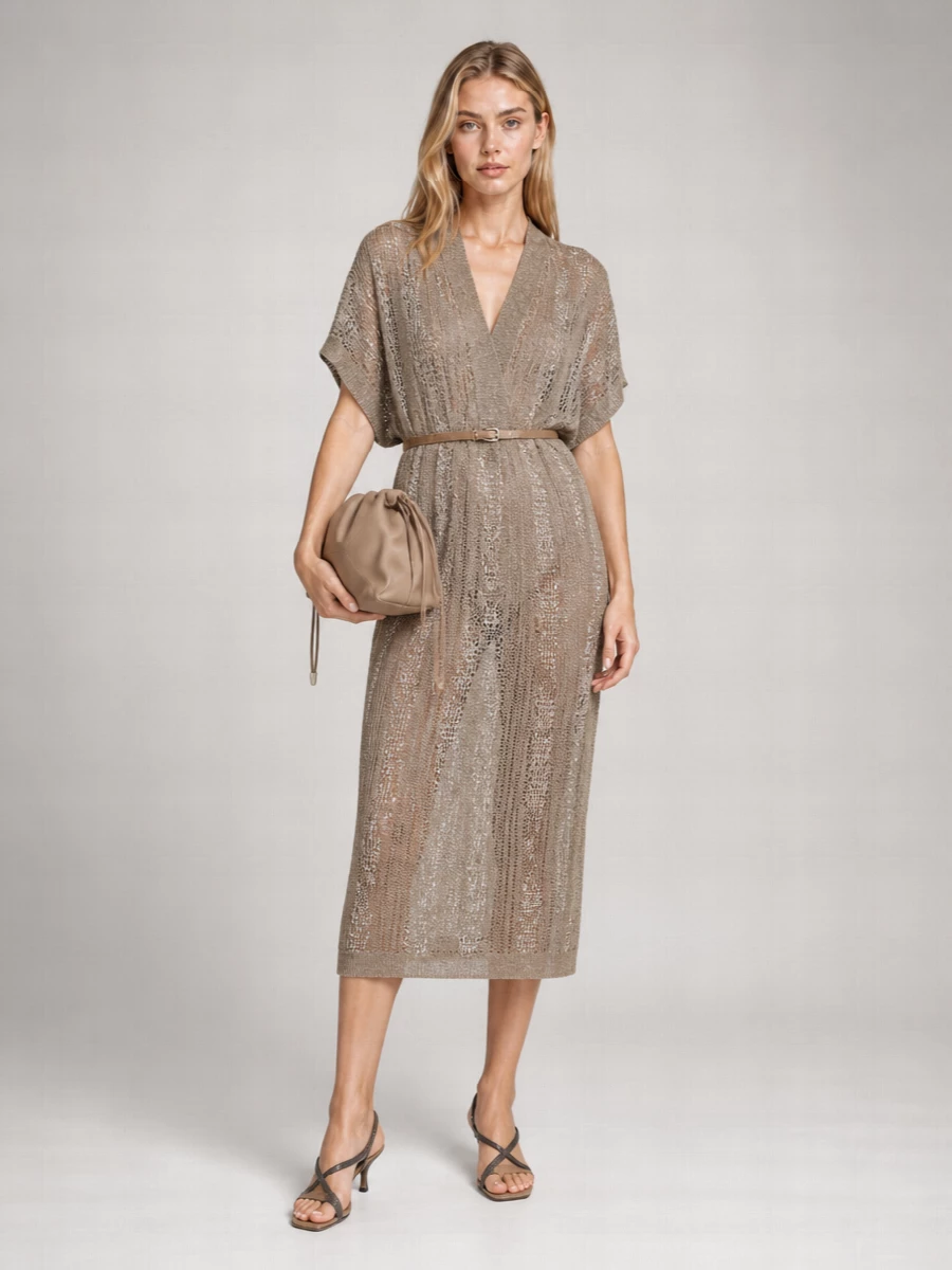 Brunello Cucinelli Linen Blend Mesh Knit Long V-Neck Short-Sleeve Cardigan