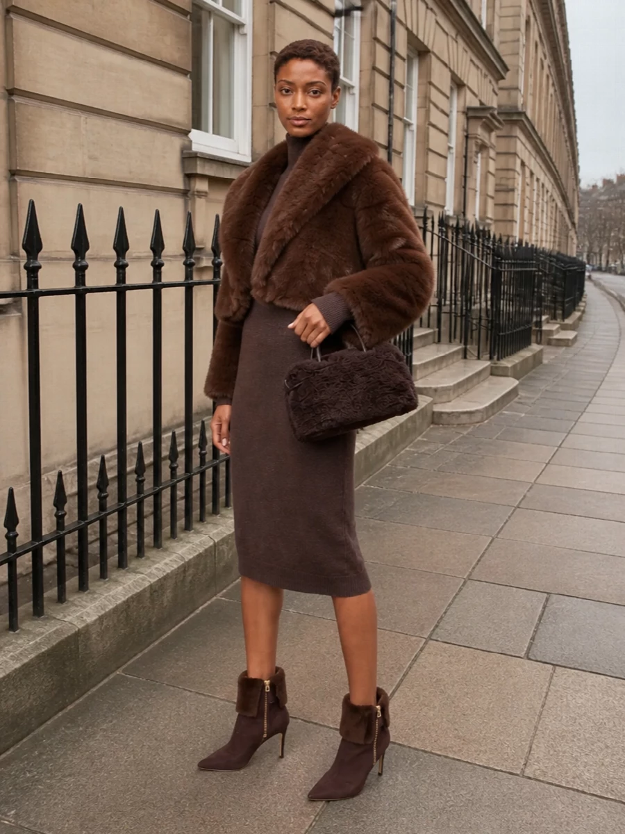 Mm6 brown sweater dress faux fur jacket outfit