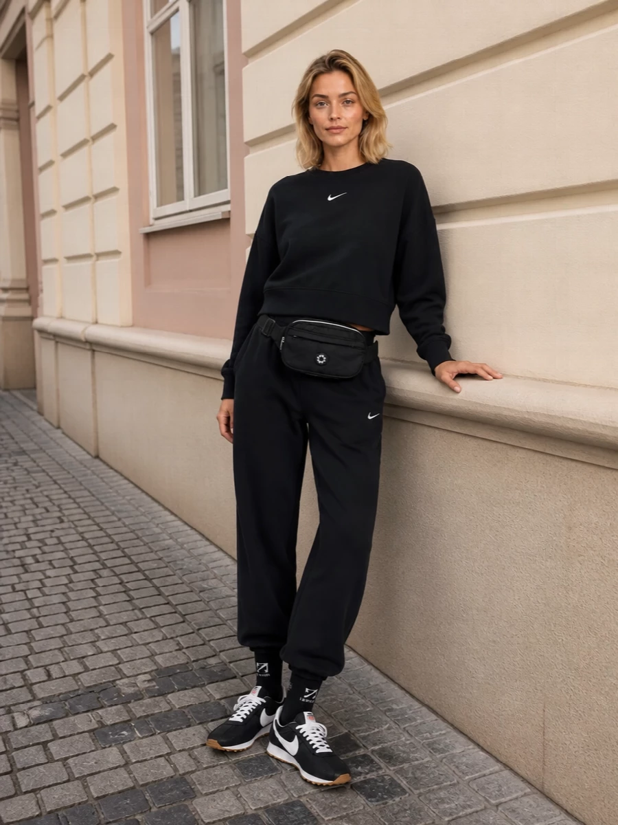 A head-to-toe black Nike base keeps the mood clean, sporty and quietly graphic, with relaxed fleece and elastic cuffs framing the sneakers. Retro runners and a logo sock peek ground the silhouette, while the belt bag pulls everything in at the waist for travel, coffee runs or studio days on the go. It is an easy, minimal uniform that feels considered without trying too hard.