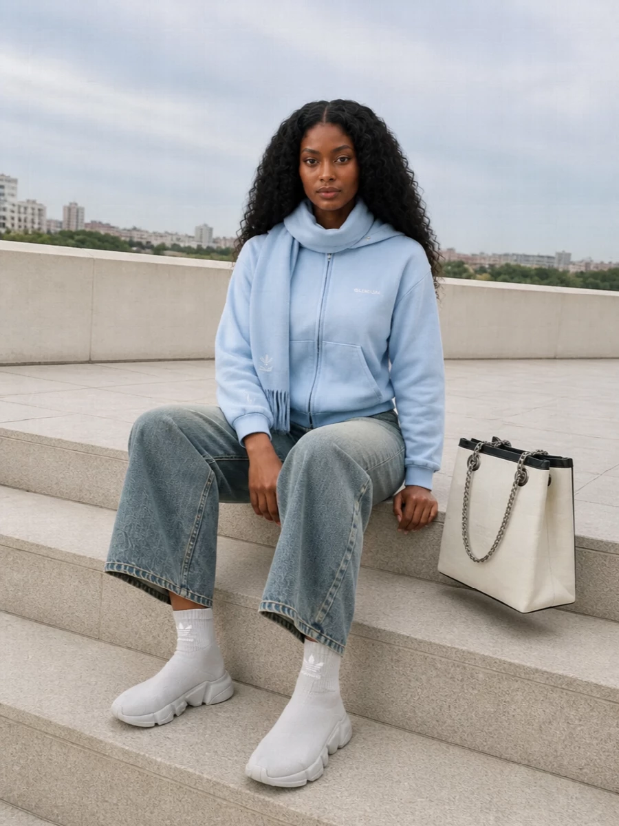 Balenciaga blue hoodie wide leg jeans outfit