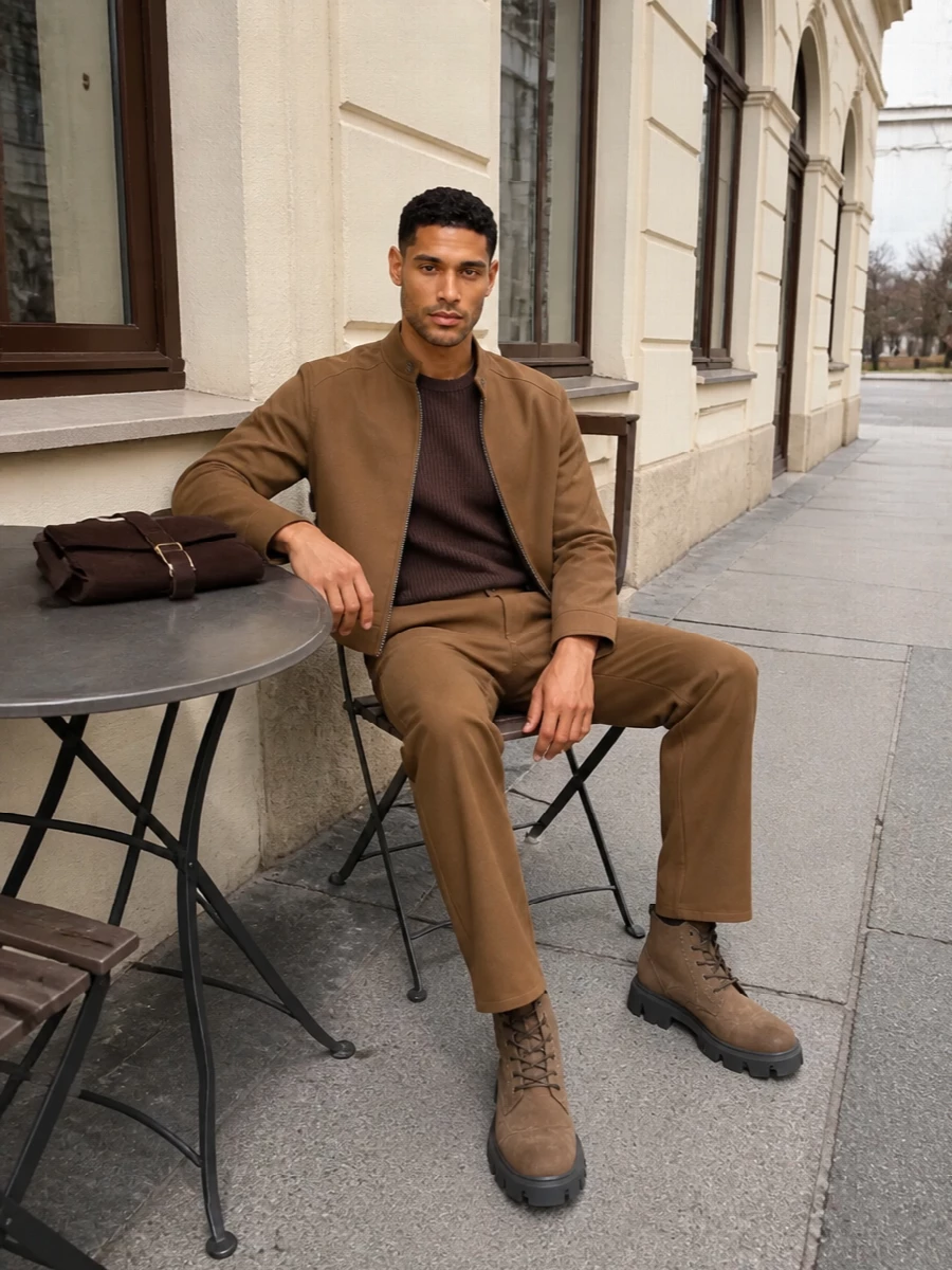 Moschino brown jacket trousers boots satchel