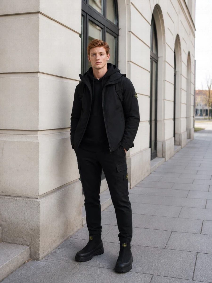 Stone island black parka cargo pants outfit