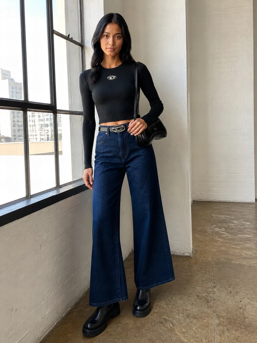 Diesel wide leg jeans black cropped knit outfit