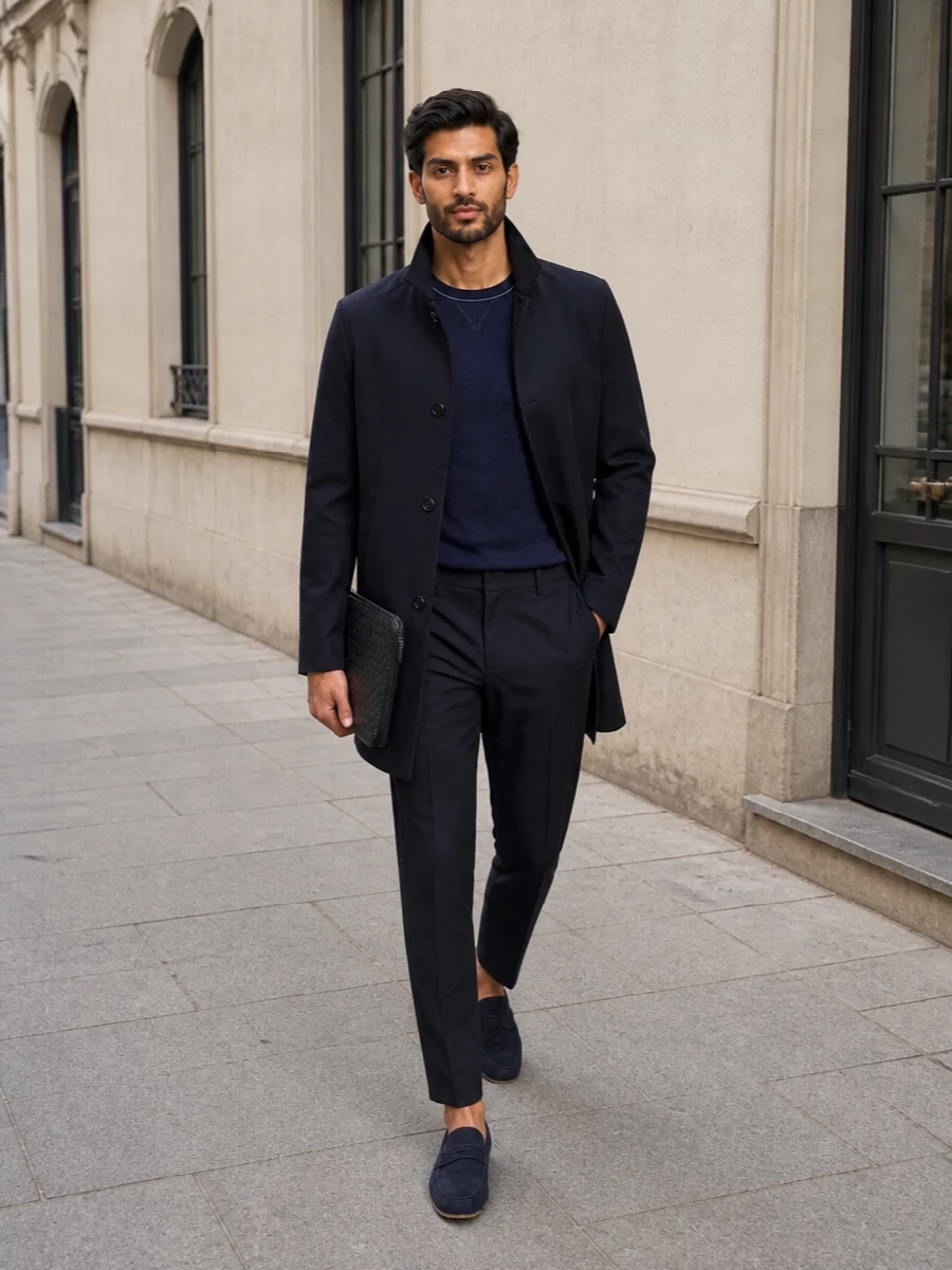 Moorer coat jacquemus trousers prada loafers