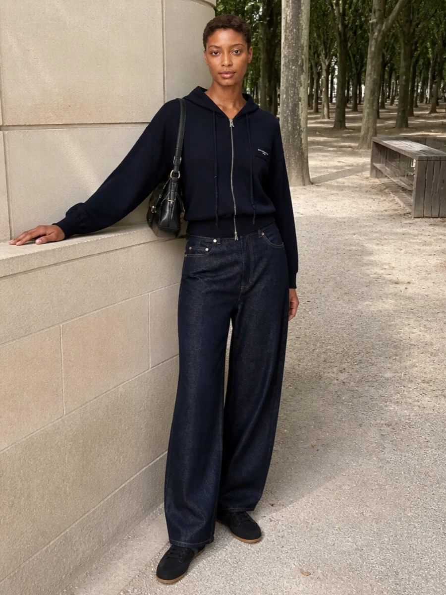 Givenchy navy hoodie wide leg jeans outfit