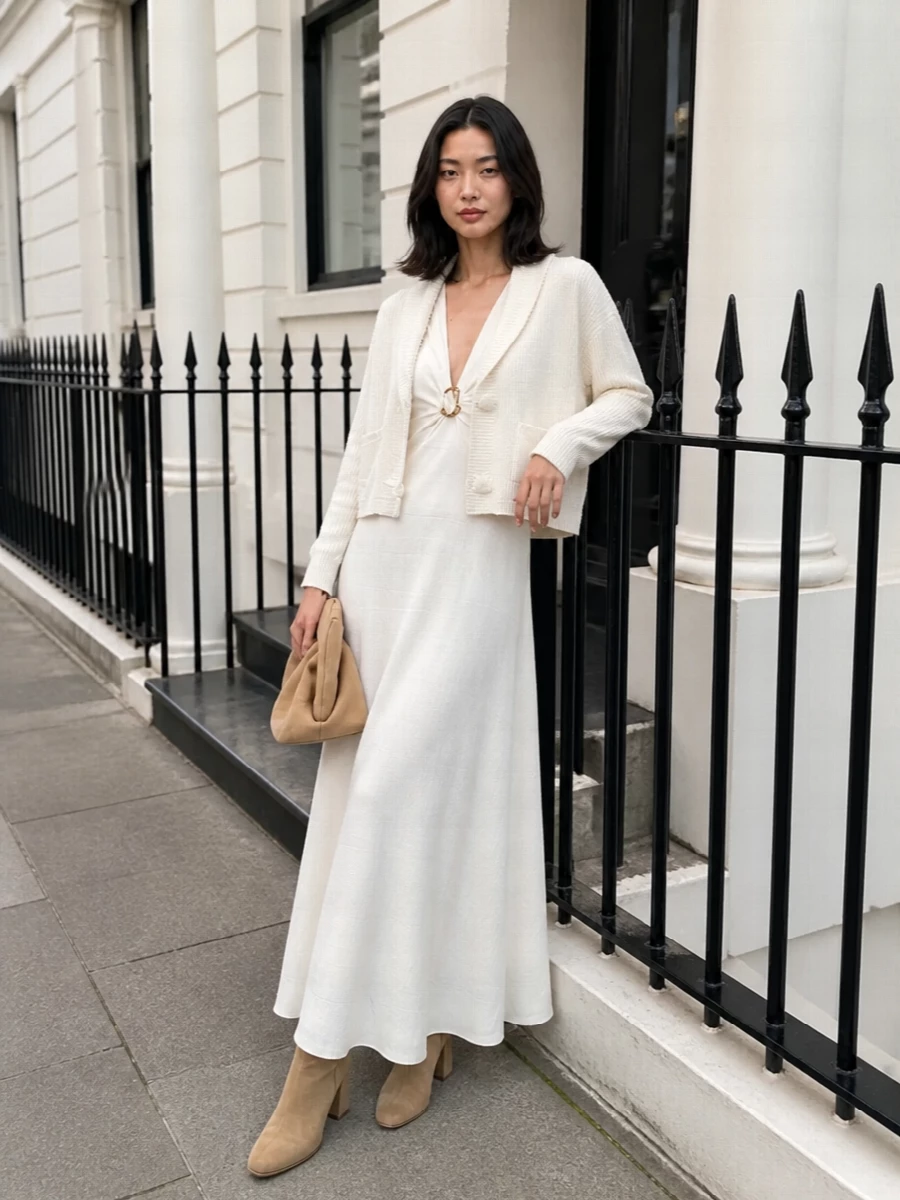Forte forte ivory maxi dress camel boots