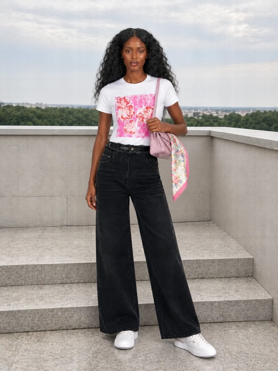 Givenchy floral tee black wide leg jeans outfit