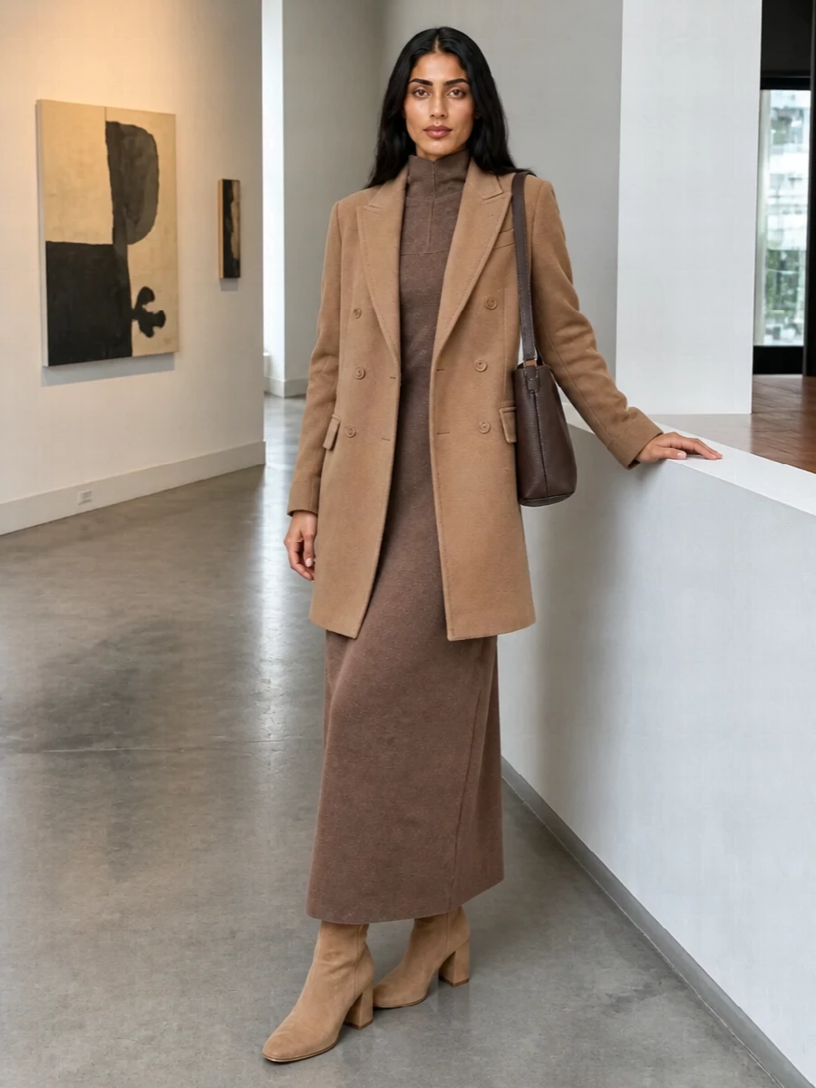 Max mara camel coat taupe knit maxi outfit