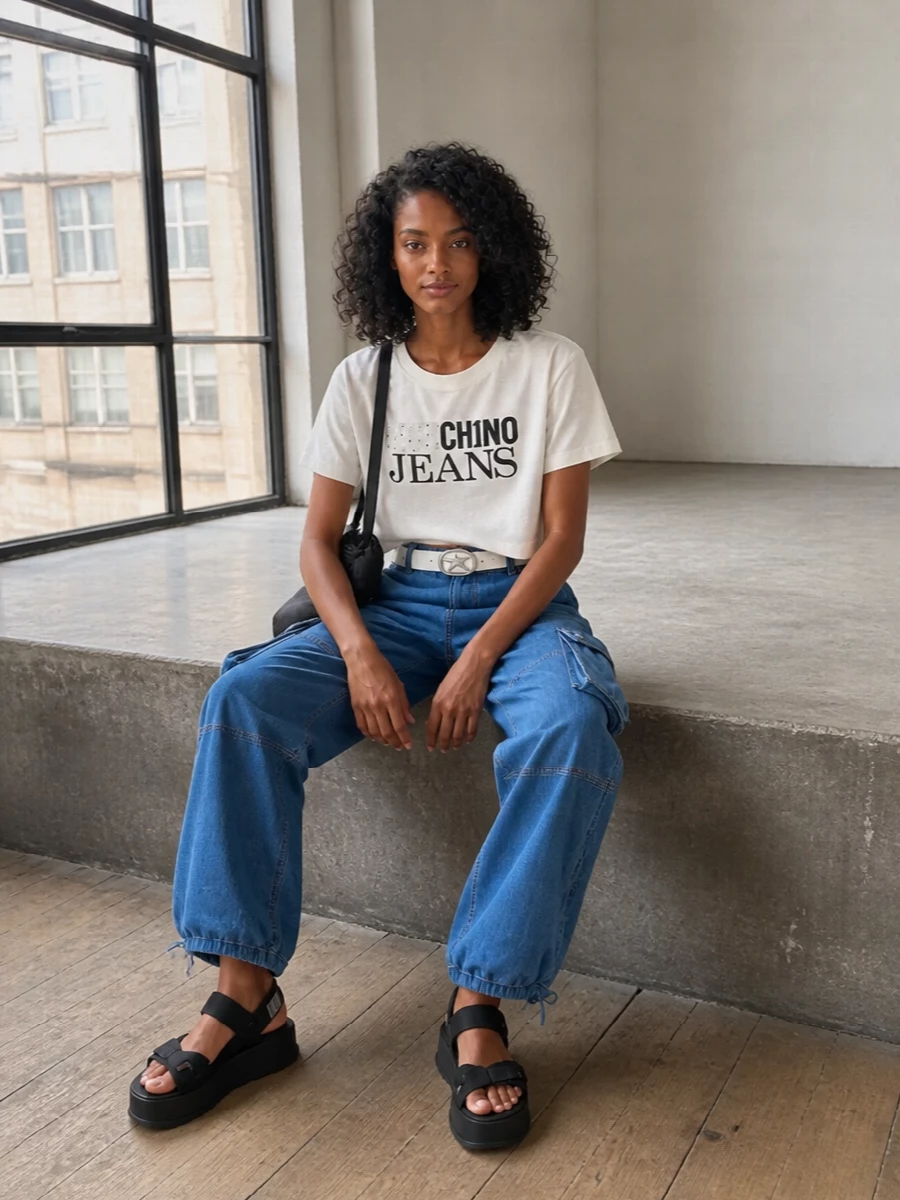 A cropped Moschino tee tops high-rise denim cargos for a long, easy line that feels street-led and relaxed. Chunky black sport sandals and a slim cross-body keep it moving, while a sharp white belt adds a crisp Y2K accent without fighting the logos. The result is a clean monochrome-and-denim palette with just enough attitude for all-day city wear.