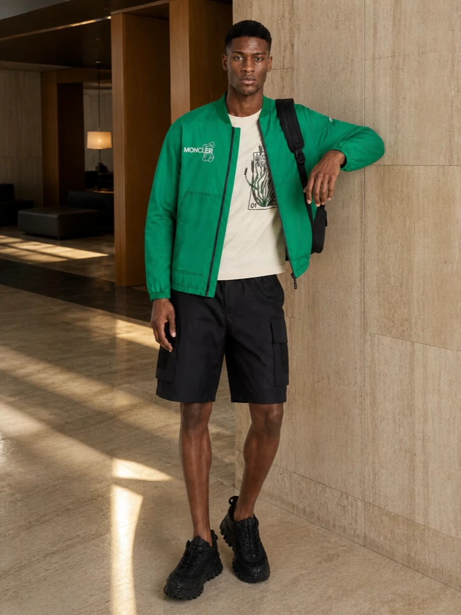 Moncler green bomber technical shorts outfit