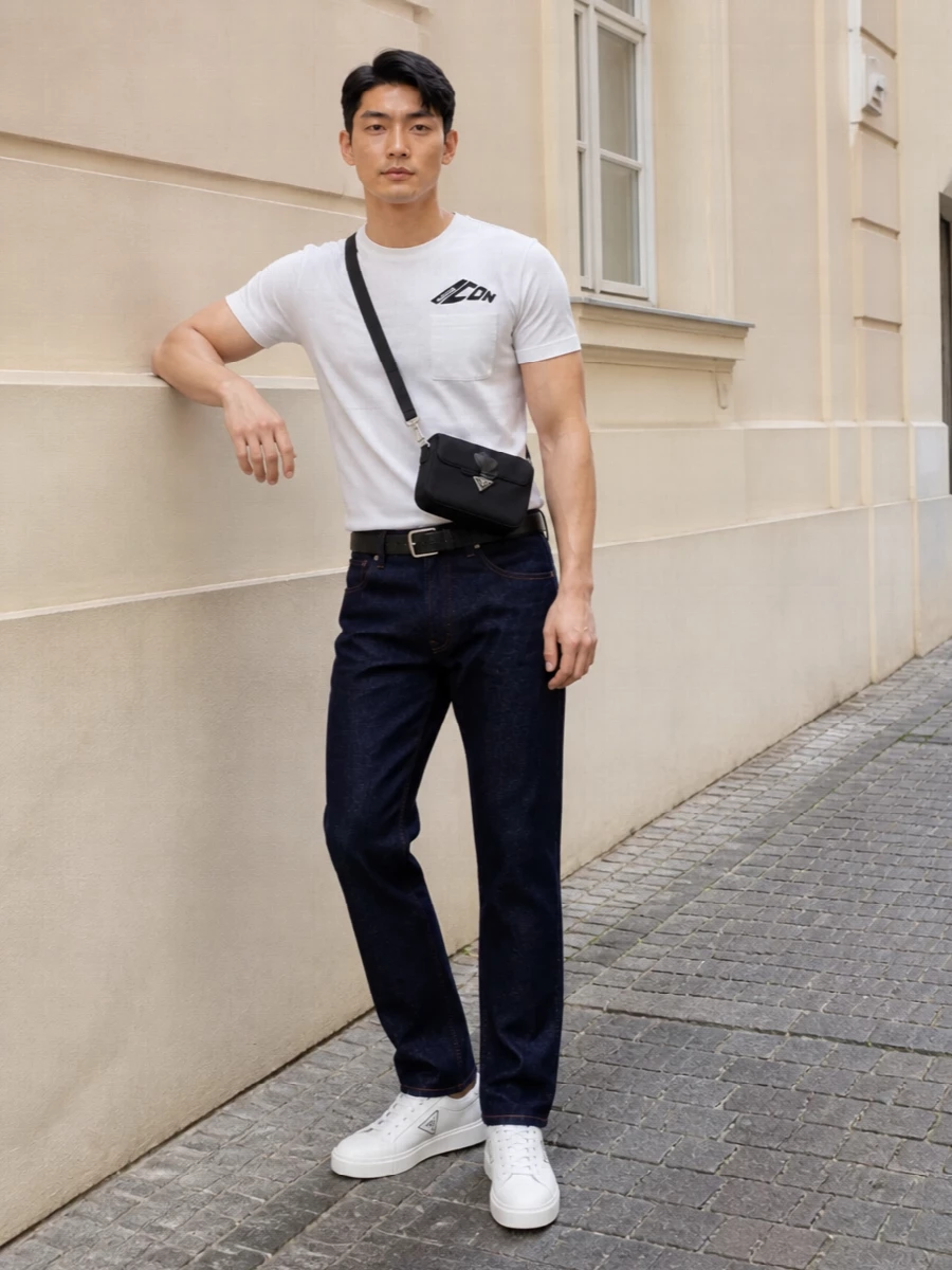 A crisp white logo tee sits against dark indigo denim for a tight black and white story that feels graphic but still easy. Clean white sneakers keep everything sharp and relaxed, while a black crossbody and discreet belt add just enough structure to read intentionally styled without feeling formal. It is a modern city uniform that moves from coffee runs to low-key dinners without needing a change.
