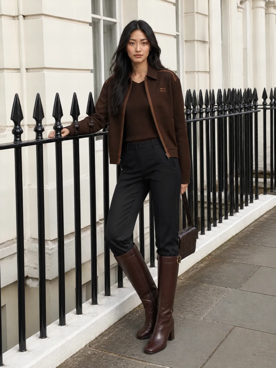 This look builds a rich, tonal FW uniform around the Miu Miu track-inspired jacket: a chocolate ribbed knit underneath and inky tailored trousers create a long, lean column that feels quietly polished. Knee-high brown boots and the structured intrecciato shoulder bag deepen the luxe, preppy mood, turning a sporty zip-through into a considered city outfit that works from day to dinner. I’ve chosen the top-and-trouser route over a dress to keep the lines sharp and versatile while staying fully aligned with the jacket’s collegiate track tailoring codes.