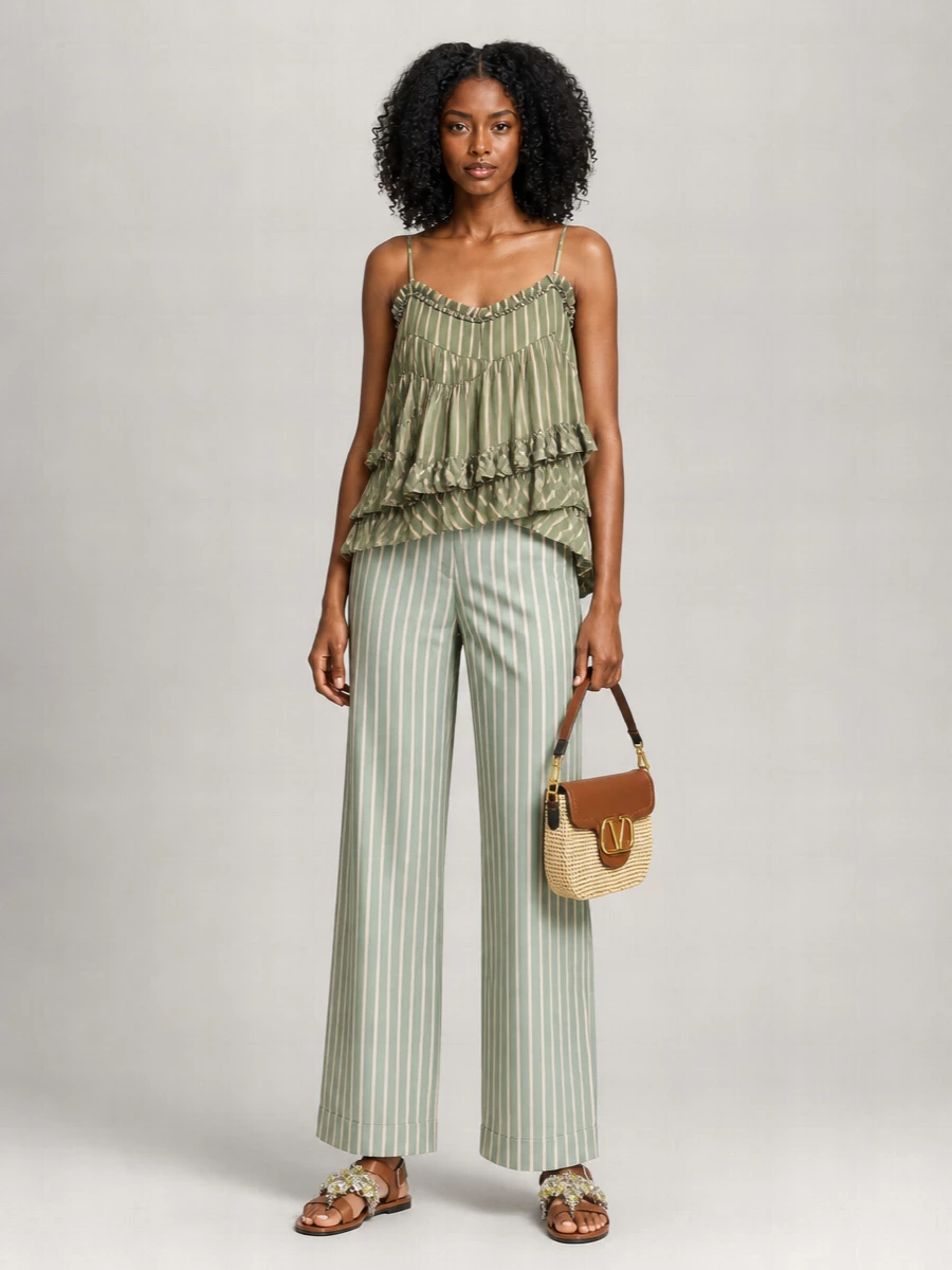 Dries Van Noten Striped Satin Asymmetric Ruffled V-Neck Tank Top