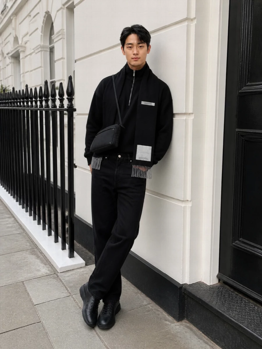 Jacquemus black half zip black jeans prada sneakers
