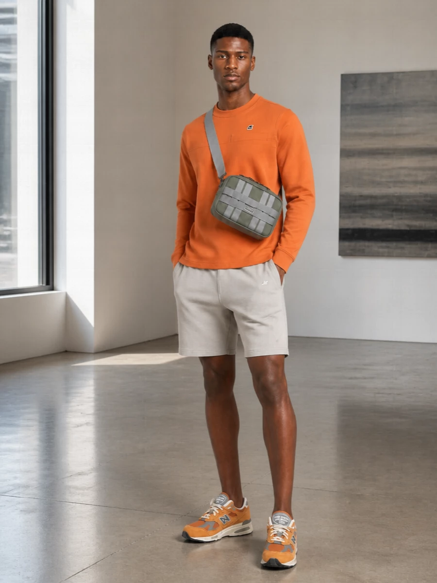 K way orange sweatshirt light shorts new balance