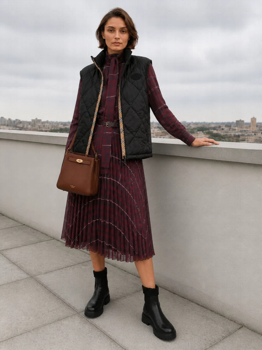 I’m anchoring this with the S Max Mara checked midi dress rather than separates, because its softly tailored pleats and burgundy check echo the Burberry gilet’s heritage in a clean, un-fussy way. Chunky Gianvito Rossi boots keep the proportions modern under the longer skirt, while the Mulberry top-handle bag adds a classic collegiate polish that ties together the black and warm neutrals. The result is a quietly confident, preppy city ensemble that feels right for cool days that run from desk to dinner.