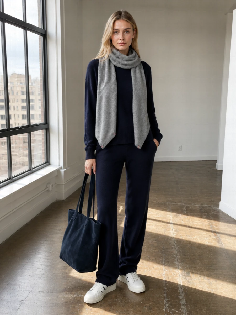 Extreme cashmere navy sweater sneaker outfit