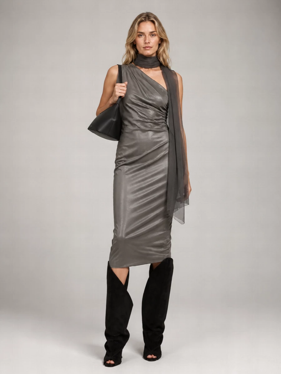 Rick Owens Cupro Asymmetric One-Shoulder Draped Sleeveless Maxi Dress