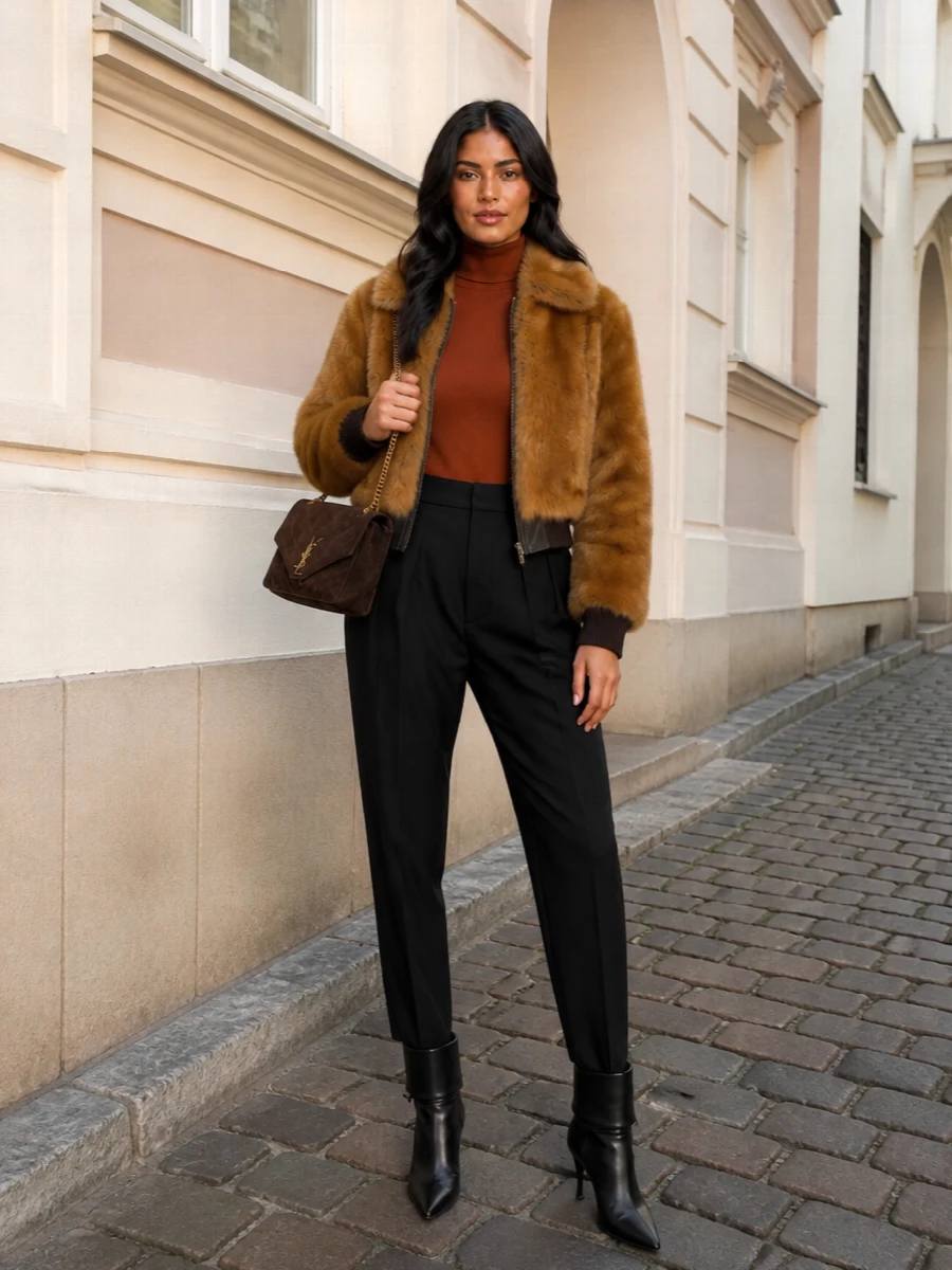 Saint laurent fur bomber black tailored trousers