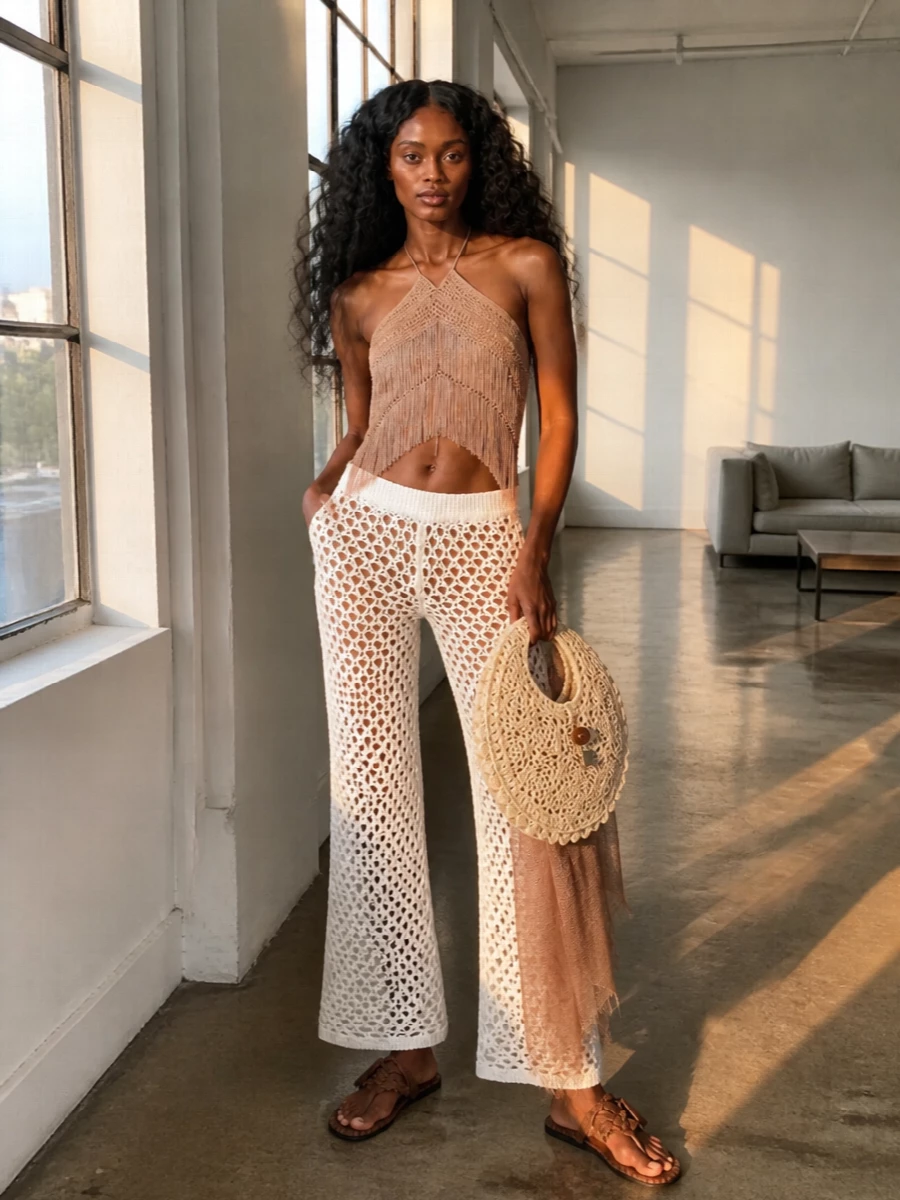 Valentino crochet pants fringe halter resort outfit