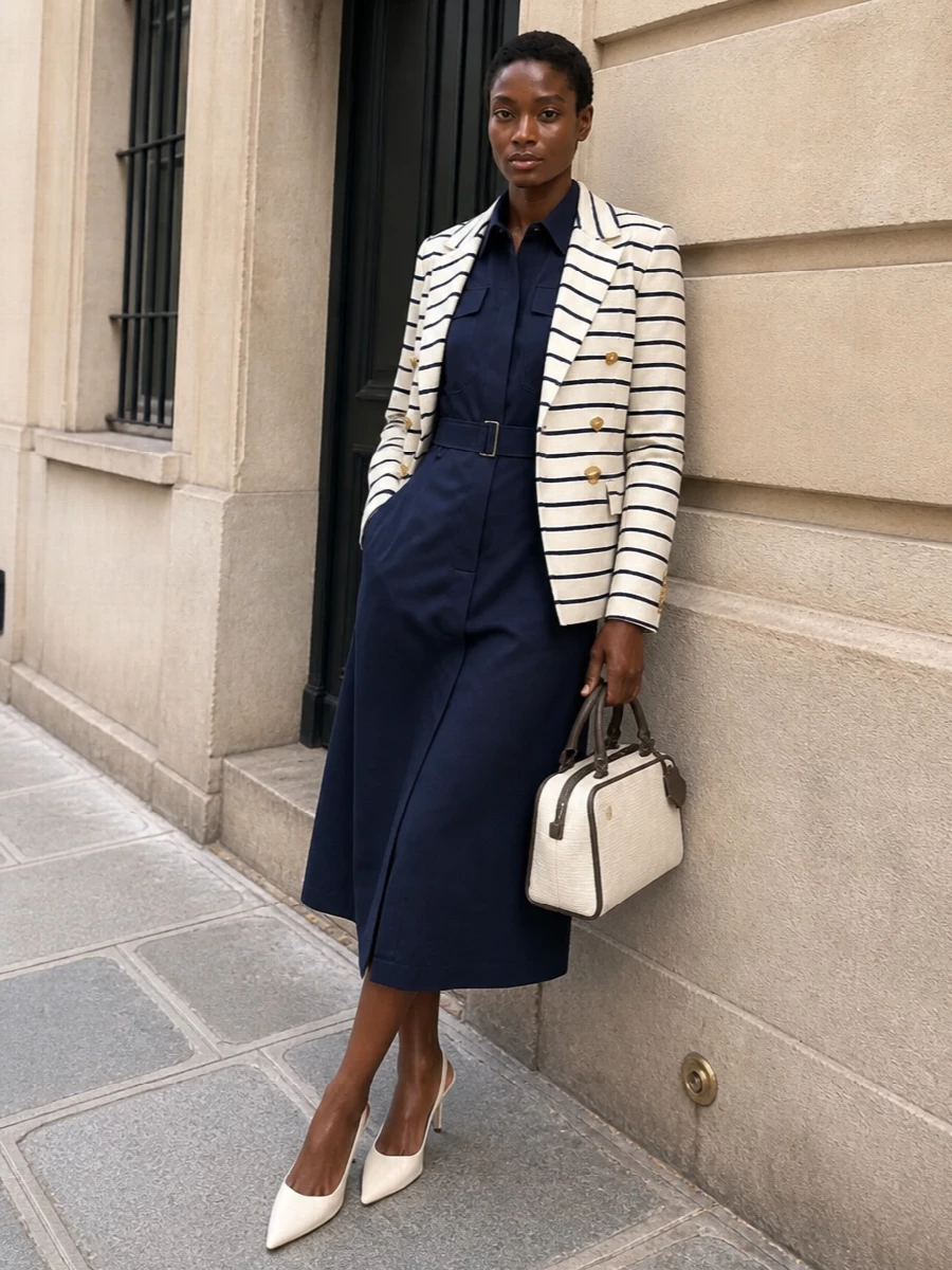 Brunello cucinelli navy shirt dress cream blazer
