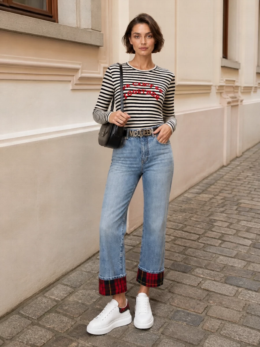 Alexander mcqueen tartan jeans striped sweater sneakers