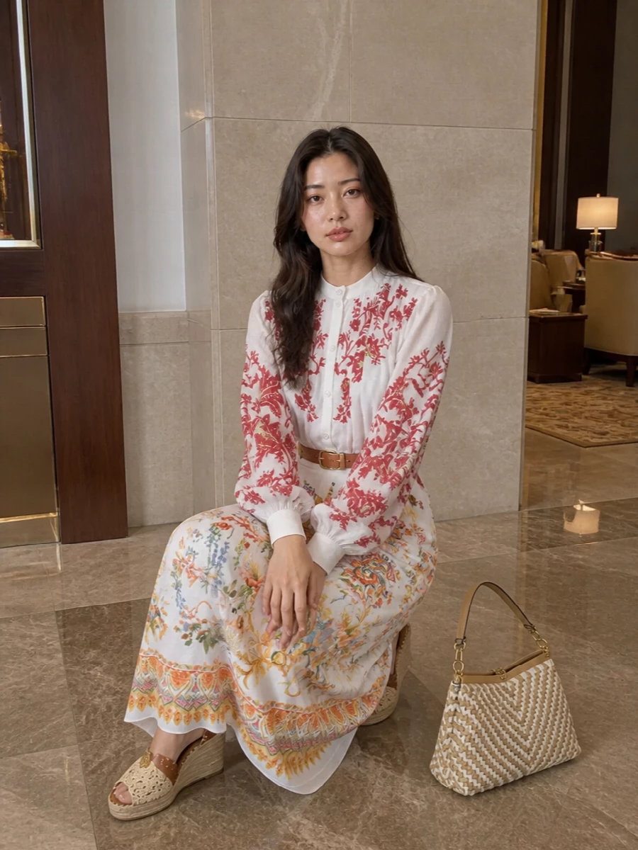 Etro floral maxi skirt espadrille outfit