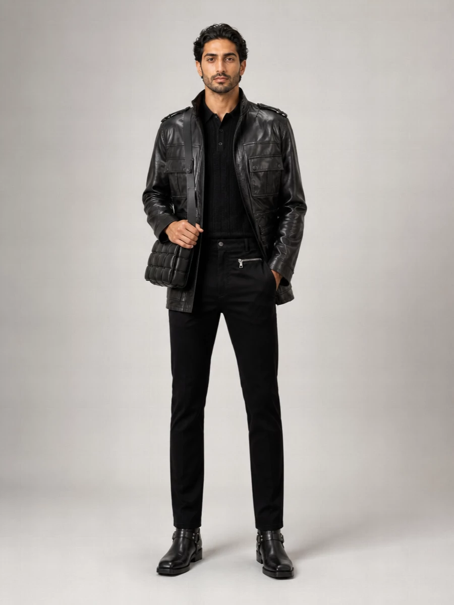 Balmain Lamb Leather Mid-Length Parka
