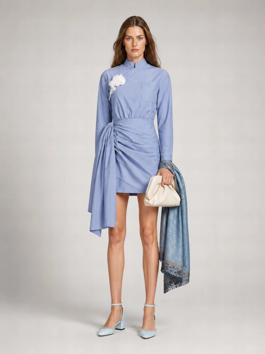 Self-Portrait Cotton Asymmetric Ruffled Mini Dress