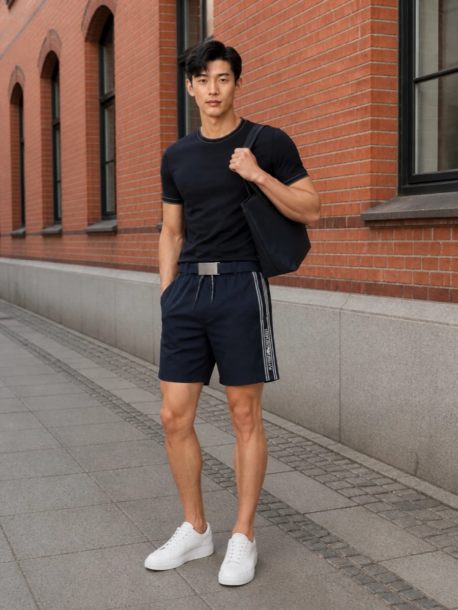 Emporio armani navy shorts white sneakers outfit