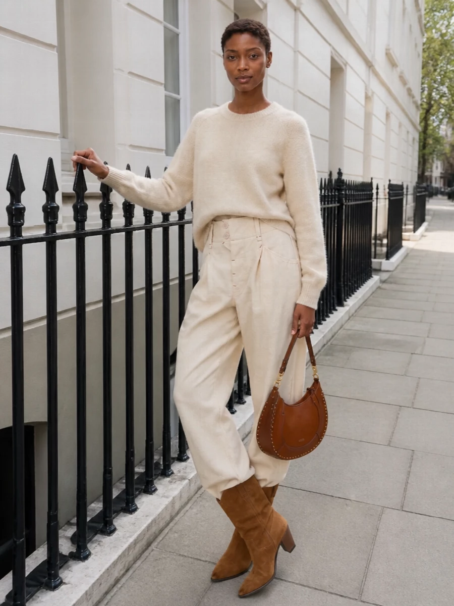 Creamy tones and relaxed tailoring create a soft column from crew-neck knit to wide-leg trouser, keeping the palette calm and the lines elongated. Camel suede boots and a cognac hobo bring just enough depth, so the outfit feels polished but quietly relaxed for daytime in the city. The result is a minimal, tonal ensemble that reads as considered without ever feeling overdone.