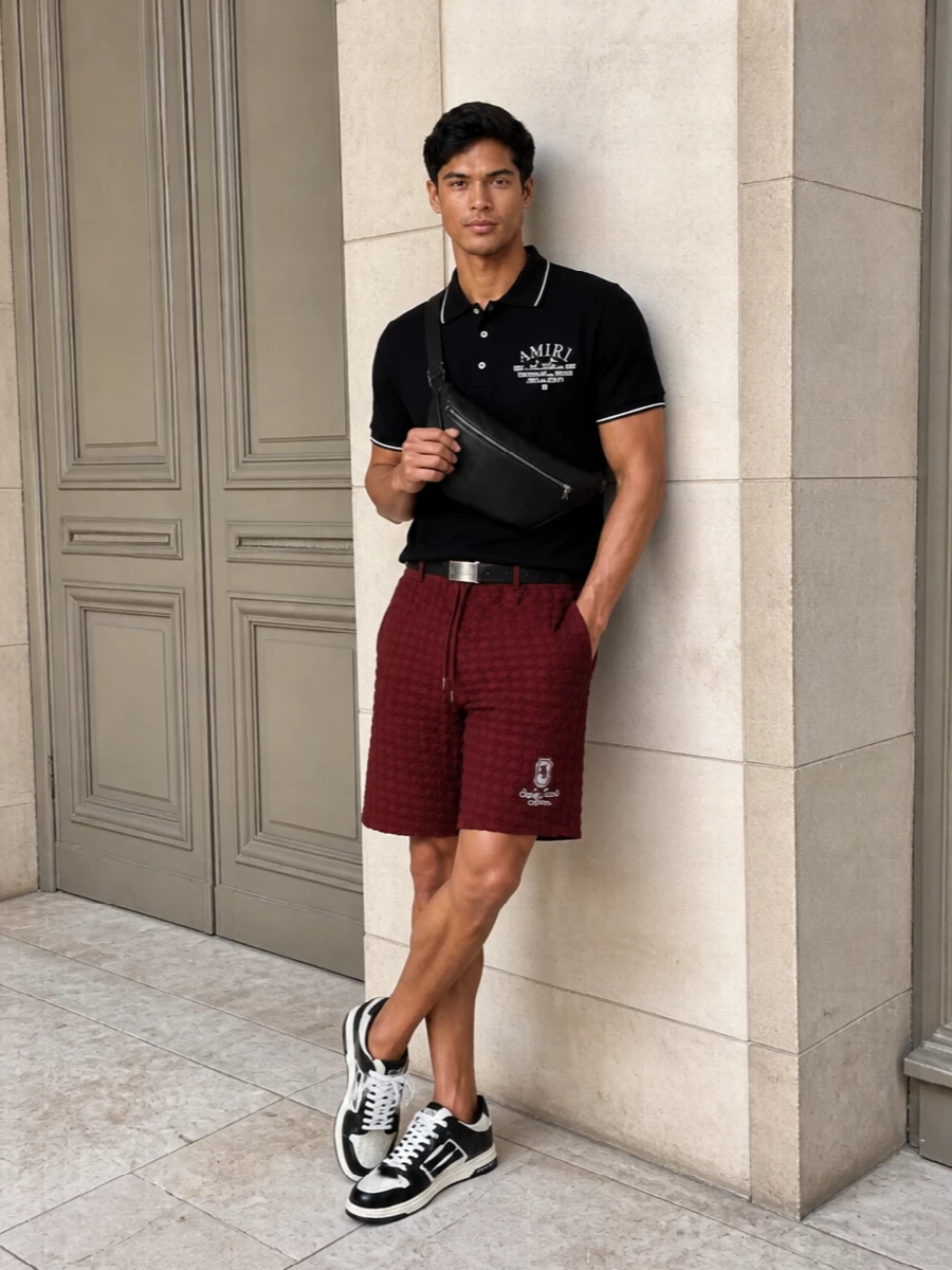 Monochrome Amiri polish meets a deep burgundy short for a summer outfit that feels clean, graphic and quietly confident. The tailored knee length and court sneakers keep proportions sharp, while the tonal leather sling and precise belt introduce just enough hardware to read considered without shouting. It is an easy city uniform for days that slide into dinner without a change.