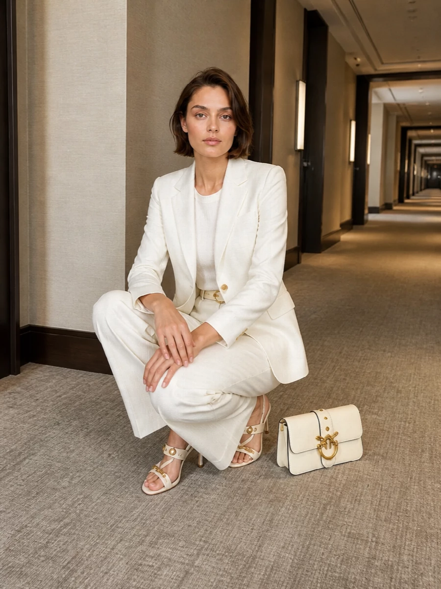 An ivory-on-ivory suit line keeps the mood sharp yet soft, with the wide leg adding a relaxed, elongated proportion under the tailored jacket. Cream strappy heels and a buttercream flap bag continue the light neutral story, while a slim ivory belt pulls in the waist and quietly echoes the gold hardware. It is precise enough for client meetings, but with a fluid ease that transitions naturally into dinner reservations afterward.