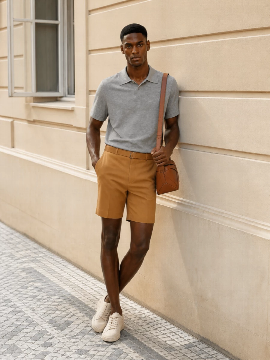 Lanvin camel tailored shorts grey knit polo