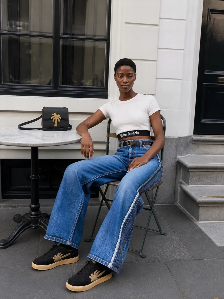 Palm angels wide leg jeans cropped logo tee outfit