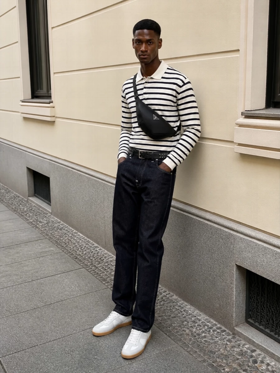 Junya watanabe jeans striped polo margiela sneakers