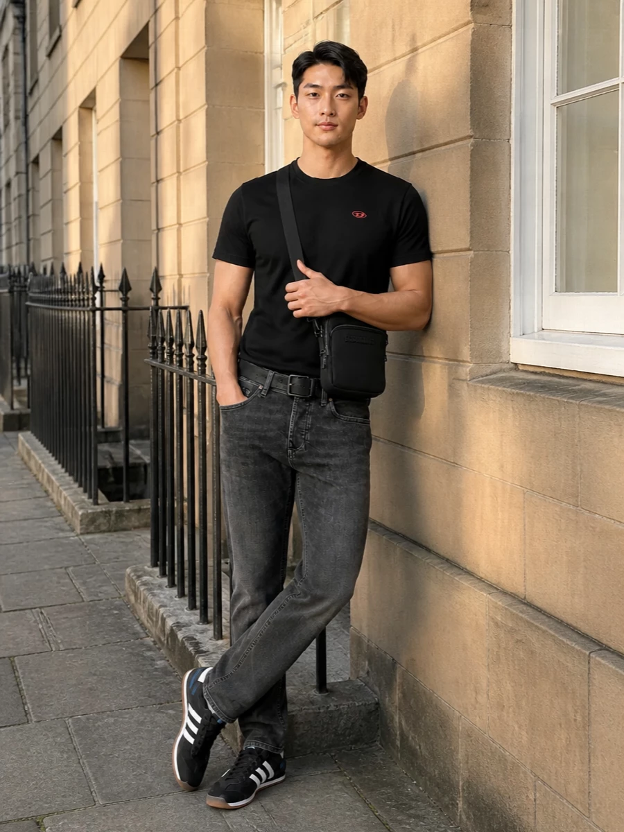 A black Diesel tee sits over worn charcoal straight-leg denim for a clean, street-led base in a tightly edited dark palette. Low-profile black and white Adidas trainers keep the energy agile rather than bulky. A compact black Dsquared2 crossbody and a sleek Diesel belt finish it with just enough hardware and logo detail to feel considered but not loud.