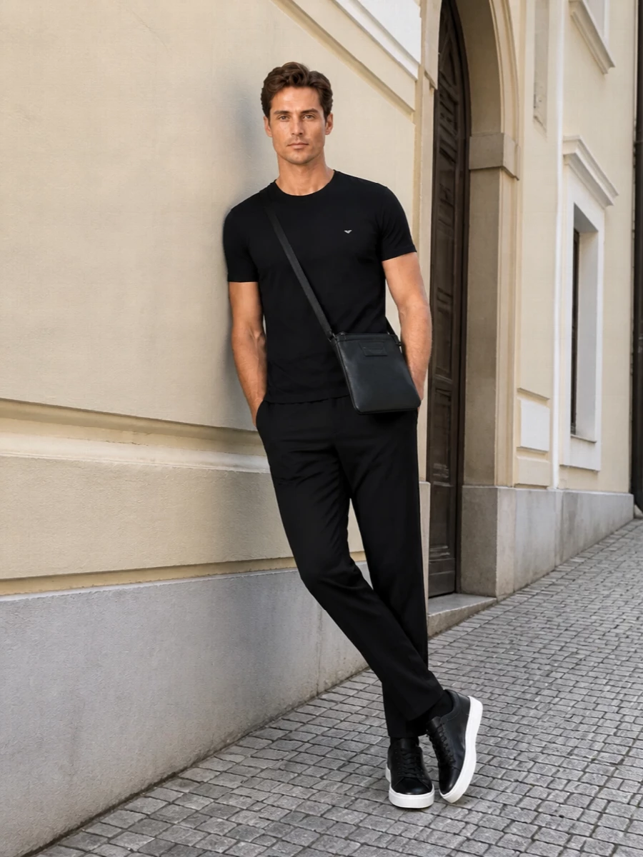 Emporio armani black tee trousers sneakers outfit