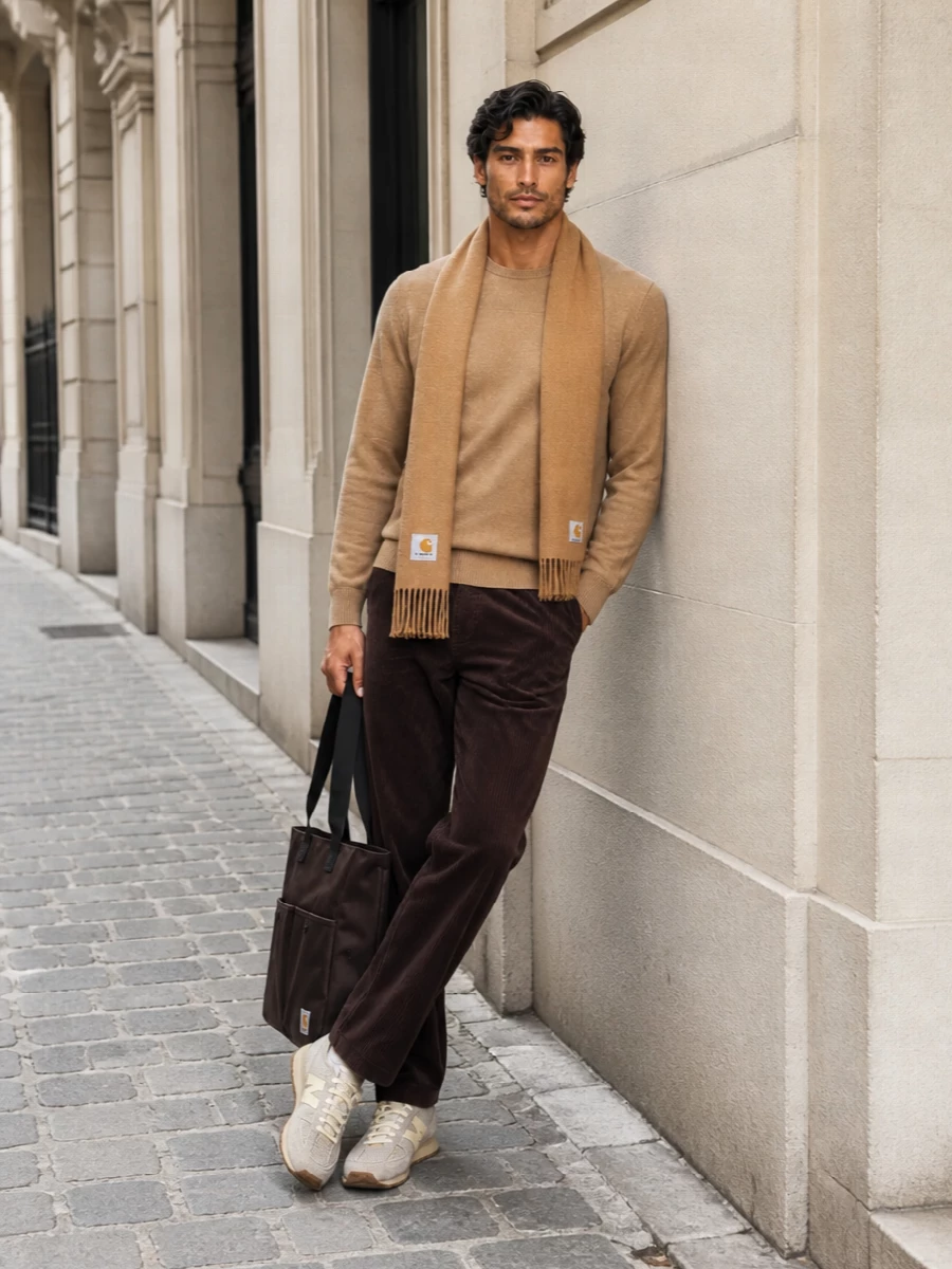 A camel crew knit sits over dark chocolate corduroy trousers for a tonal, utility-rooted base that feels relaxed but considered. Warm beige runners keep it light on the foot, while a deep brown tote and camel scarf round out the earth-tone story with practical, city-ready ease.