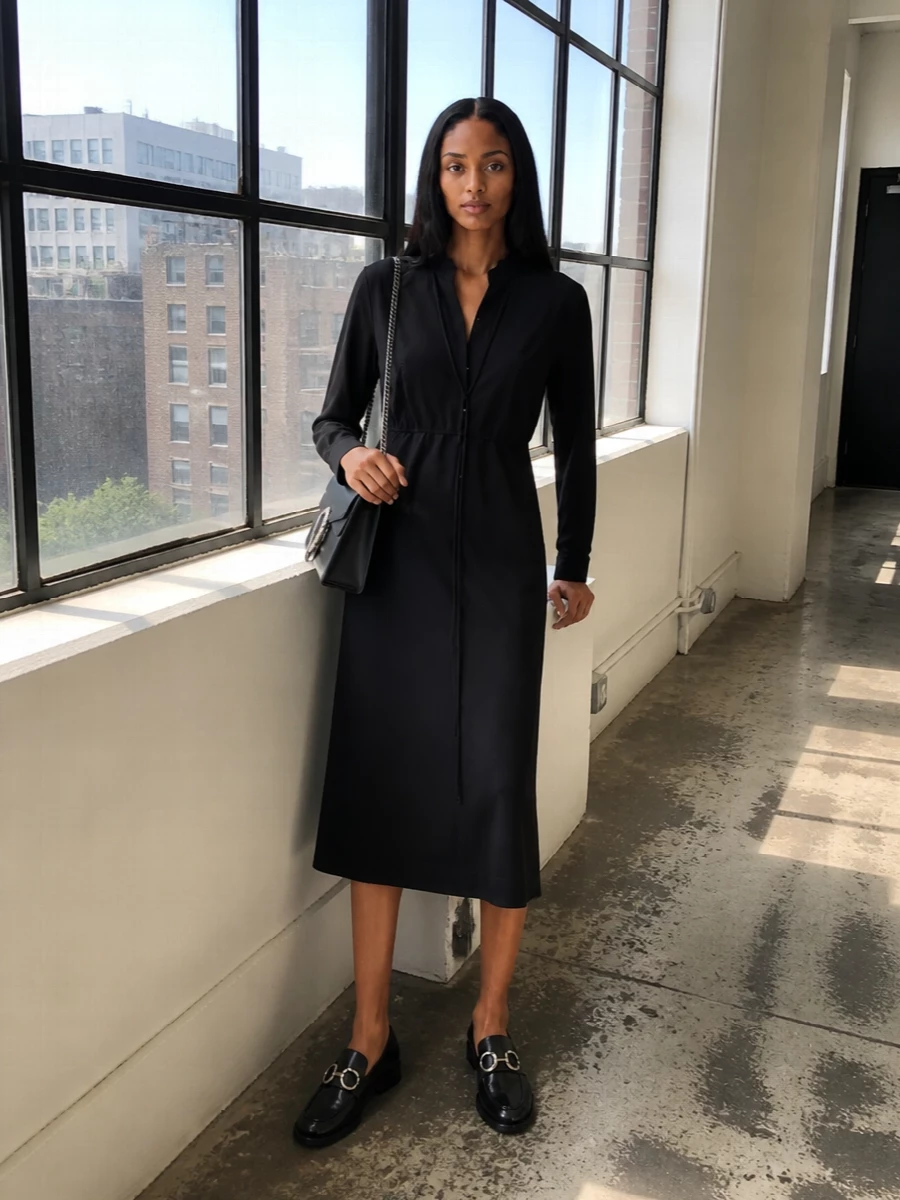 Choosing the black shirt dress route keeps the story sharply aligned with the loafers’ androgynous polish and lets the hardware be the only statement. The result is a long, clean line that reads boardroom-ready yet entirely at ease for late dinners. The compact black shoulder bag in matching silver tones finishes the ensemble with a controlled, modern edge rather than extra volume.
