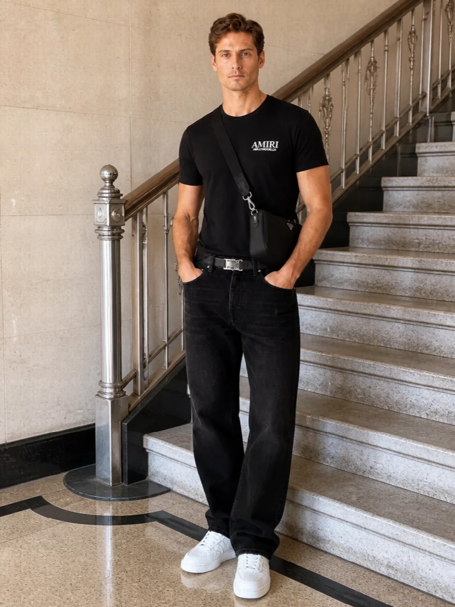 Amiri black tee washed black jeans white sneakers
