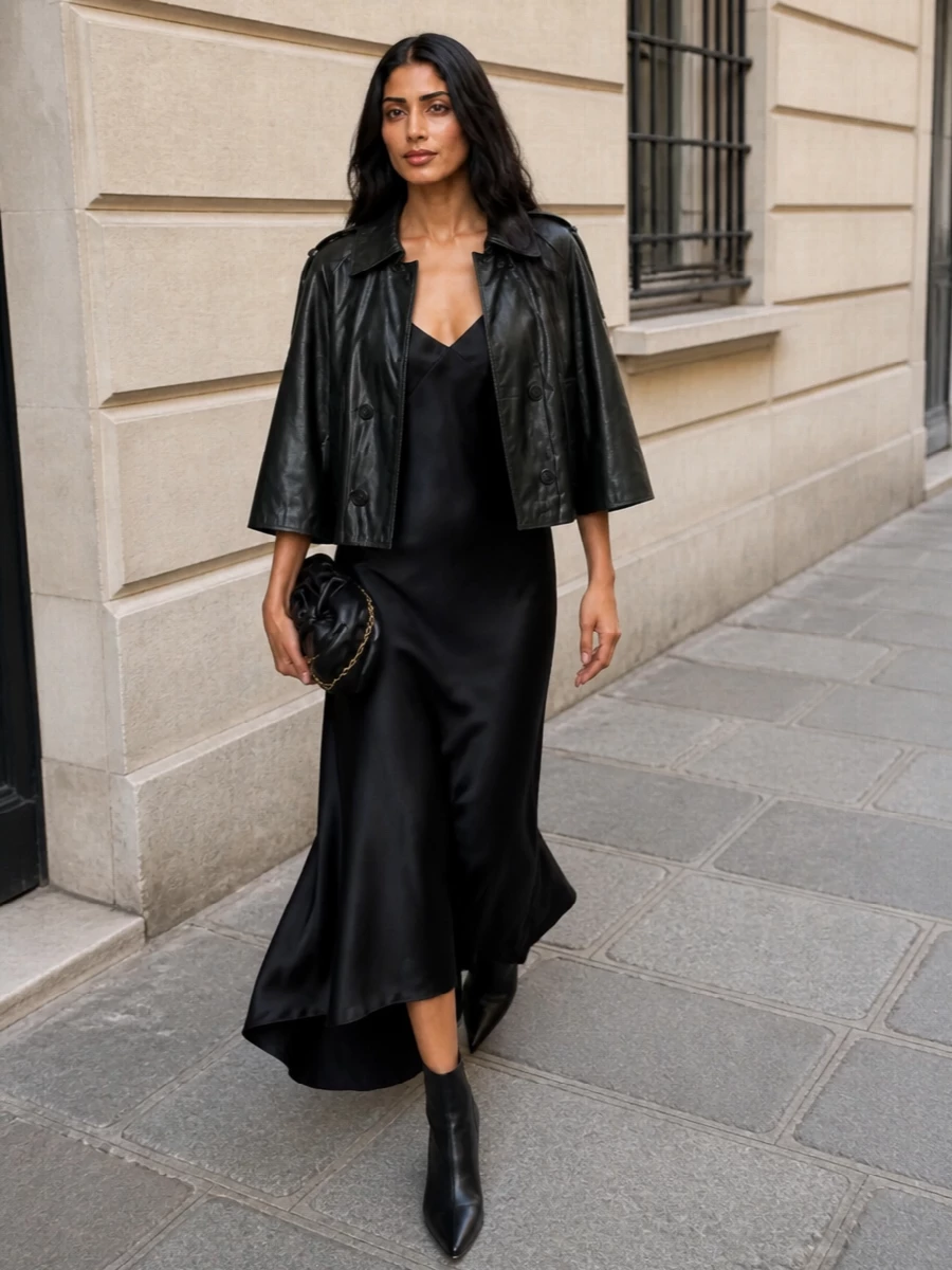 Black satin slip dress leather cape trench outfit